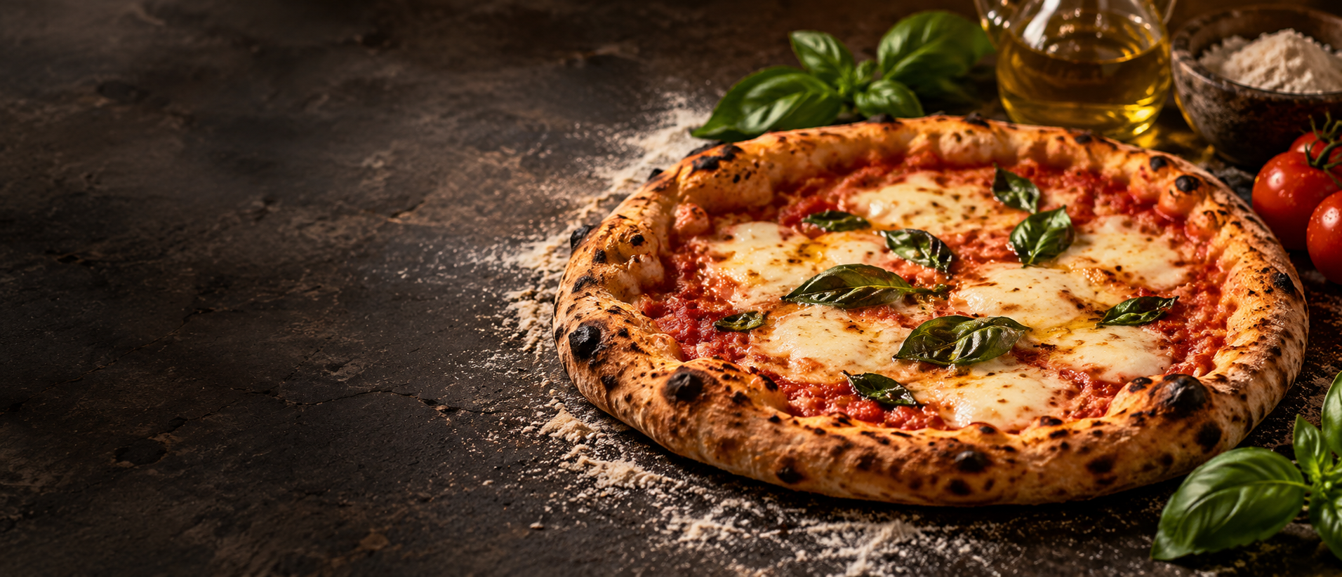 Frisch gebackene Pizza mit Mozzarella, Tomaten und Basilikum